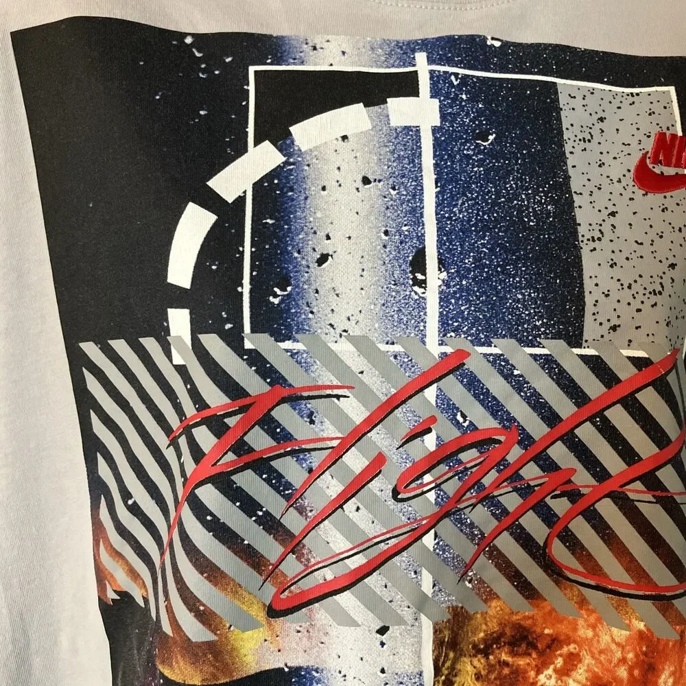 VTG XL Nike Air Flight Galaxy Planets T Shirt Jordan Grey Red Sewn Logo Cotton